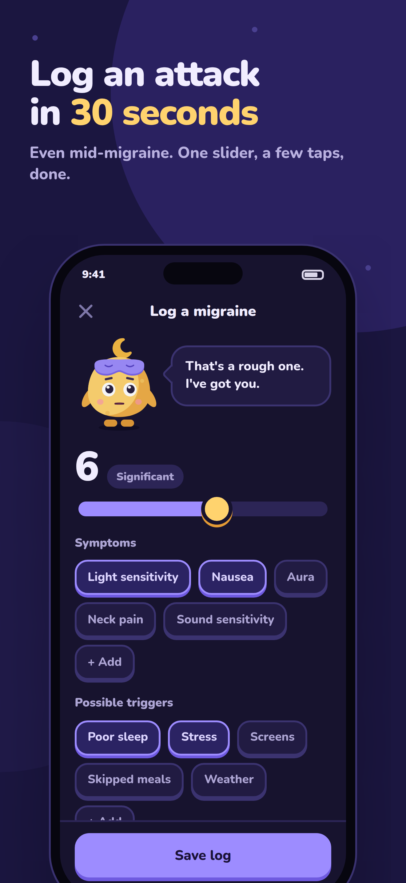 Logging a migraine in the app: an intensity slider, symptoms and possible triggers